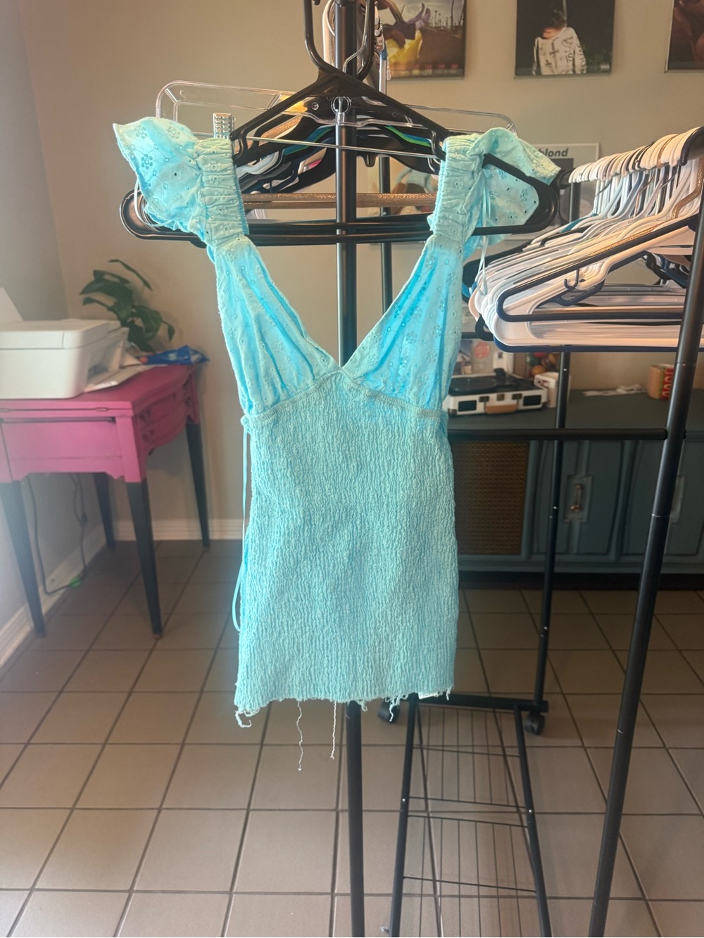 Aqua Blue Mini Dress with Ruffle Straps